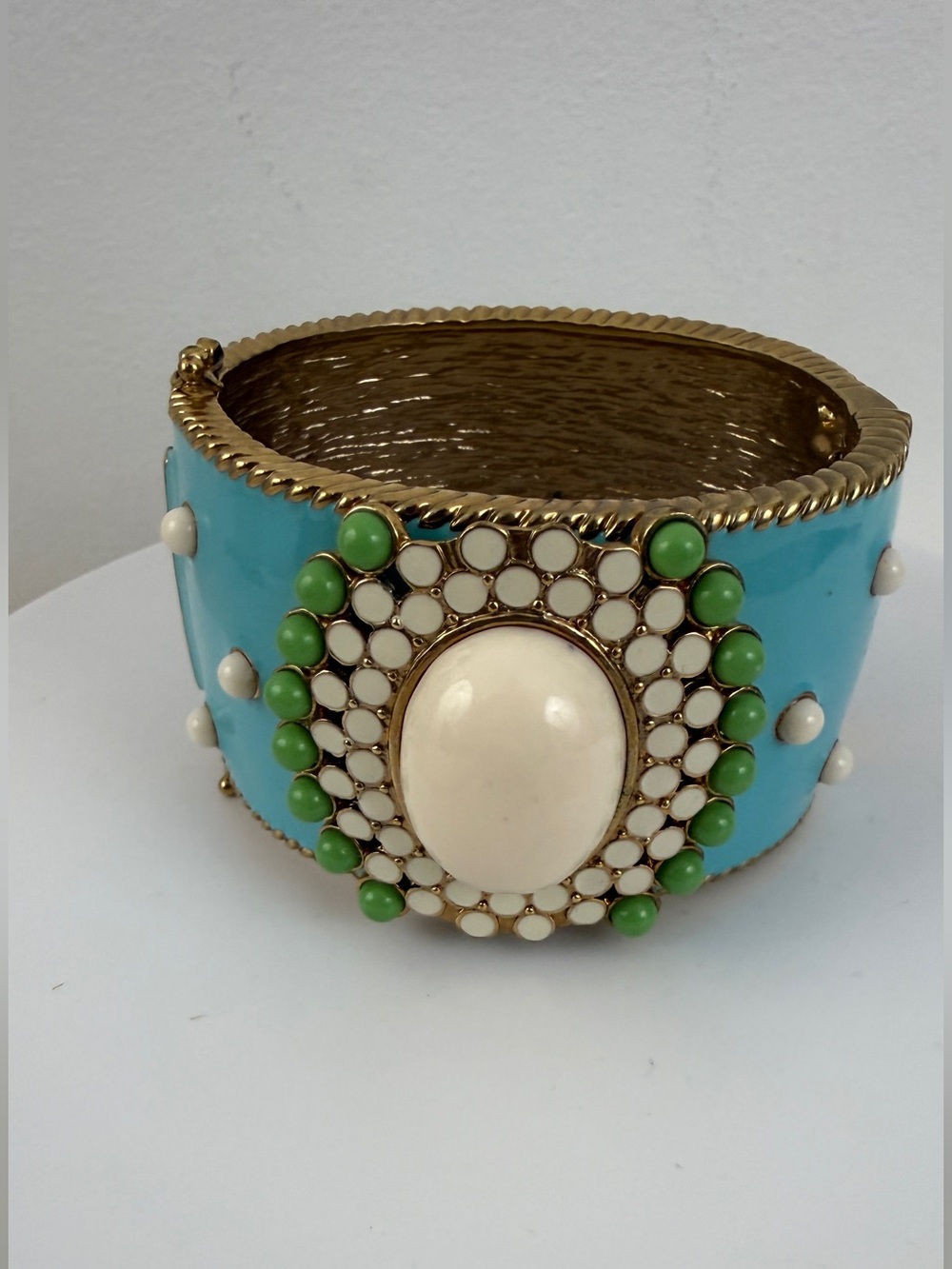 Stella & Dot Turquoise Enamel Cuff with Ivory Cabochon and Green Accents
